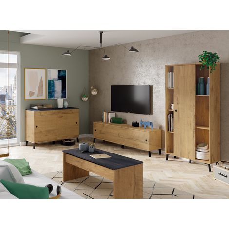 Pegane – Ensemble de meubles de salon chêne doré – Meuble TV 2 portes coulissantes – Buffet avec étagère – Bibliothèque 4 niches – Table basse relevable (1/4)