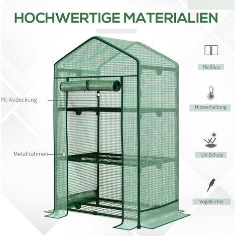 Mini-serre de jardin Outsunny pour semis, bâche alu, 3 niveaux, porte enroulable et bac à légumes (1/4)