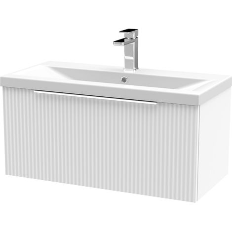 Fluted Front Wall Hung 1-Drawer Bathroom Vanity Unit with 1 Tap Hole Basin, 800mm, Satin White, Chrome Handles (1/5)