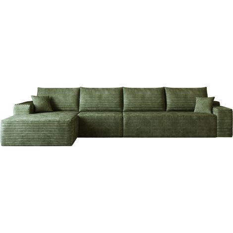 Sofá modular en L de 340 cm, verde, tapizado en pana, con chaise longue izquierda y espuma (1/5)