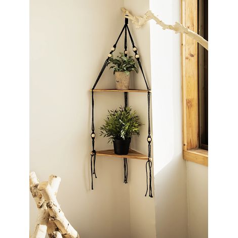 (TK-M01200) Étagère d'angle en bois, décoration murale, support de rangement pour pots, étagère flottante en macramé, organisateur mural, style bohème, décoration nordique pour la maison (1/5)