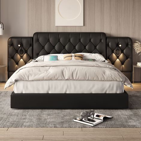 Cadre de lit 160 x 200 cm avec tête de lit longue en velours, plusieurs ports USB, lampe de lecture, système hydraulique et grand espace de rangement, noir