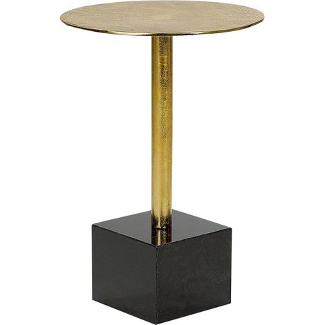Tavolino moderno rotondo di forma geometrica con piano in metallo e base in pietra nero e oro Colibrì