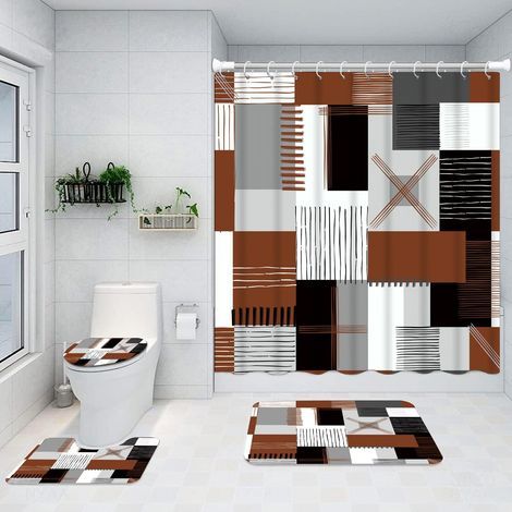 Shower curtain set, including a non-slip floor mat, a bath mat and a shower curtain, brown (1/5)