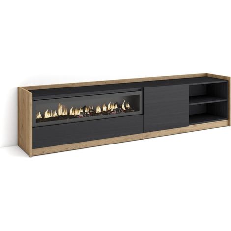 Skraut Home - Mueble TV, Televisión, 207x37x50cm, Para TV hasta 80", Chimenea eléctrica, Negro y roble (1/5)