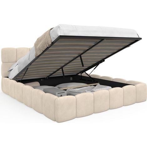 Idmarket – Lit coffre double NUAGE 160 x 200 cm – Tête de lit matelassée en velours beige – Sommier relevable 26 lattes – Rangement intégré