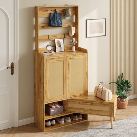 Recibidor de entrada - 123,5 x 35 x 180 cm - banco giratorio con zapatero, puertas efecto ratán PVC, perchero - estilo moderno - MDF - natural (1/5)
