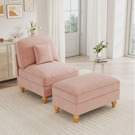 Sillón lounge rosa de chenilla con reposapiés, faldón extraíble y cojín móvil (1/5)