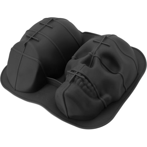 Moule à gâteau tête de mort en silicone souple noir, idéal pour Halloween, biscuits, chocolats, bonbons et glaçages. (1/5)