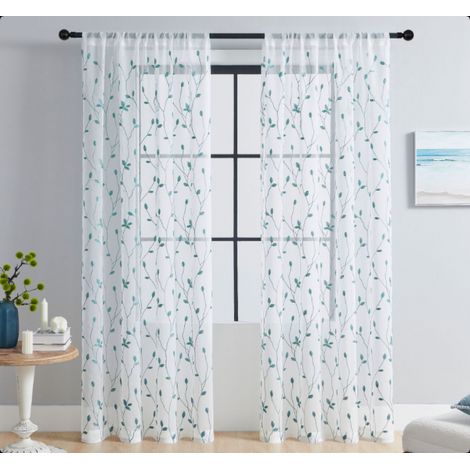 Lot de 2 rideaux en tulle blanc à imprimé feuilles (bleu ciel, 137 x 160 cm), pour salon, chambre, cuisine, décoration de fenêtre (1/5)