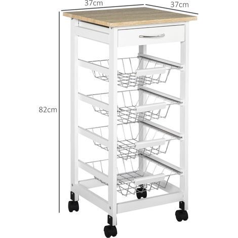 Chariot de service desserte à roulettes multi-rangements 4 paniers métal + tiroir bois de pin 37 x 37 x 82 cm blanc (1/5)