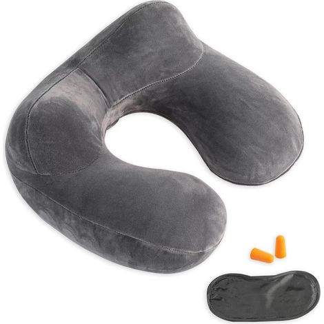 Oreiller de voyage gonflable -Support de nuque en velours doux pour les voyages, les avions, les trains, les voitures et les bureaux, housse respirante et lavable, idéal pour les adultes (gris) (1/5)