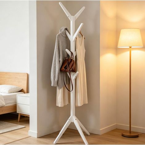 Portant à vêtements sur pied en bois blanc, 8 crochets, base triangulaire, 180 cm, OKWISH (1/5)