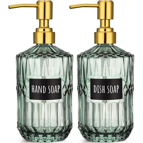 2 Pièces Distributeur Savon, Verre 450ml, Pompe Acier Inoxydable, Design Géométrique, Cuisine Salle de Bain (1/5)