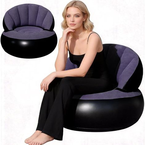 Canapé gonflable 2 en 1, revêtement floqué, imperméable, fauteuil portable avec pompe pour salon, extérieur, camping, plage, voyage, canapé, pouf (bleu foncé) (1/5)