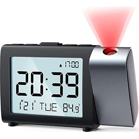 Réveil projecteur pour chambre : Horloge LCD numérique avec projecteur 180°, date, température, snooze, mode 12/24H et week-end, horloge de chevet filaire à 2 niveaux de volume pour enfants, seniors e