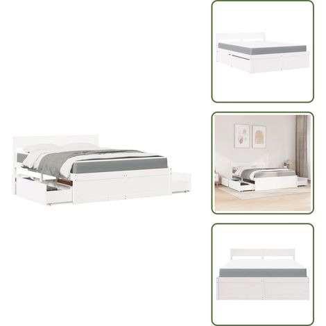 Lit avec tiroirs et matelas blanc 160x200 cm bois massif de pin - Lit Double - Lit Plateforme - Lit Avec Rangements - Lit Bois Massif - Matelas Ressorts Ensachés (1/5)