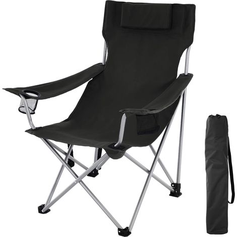 Chaise de Camping Pliable, Siège Pliante, extérieur, avec accoudoirs, Appui-tête, Porte-Verres, Cadre Stable, capacité de Charge 150 kg, Noir GCB09BK (1/5)