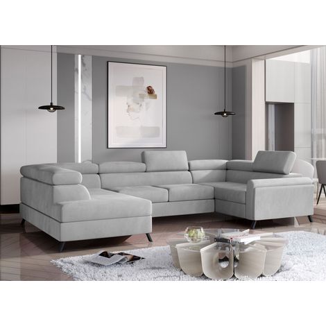 Canapé panoramique convertible SKADA velours – Rangement et appuis-têtes réglables à gauche-Gris perle-Coffre à gauche (1/5)