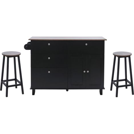 [NEUWERTIG] Kücheninsel HHG-692 mit 2 Sitzhockern, Küchenschrank Schublade Staufächer MDF 90x131x47cm schwarz, dunkles Holz