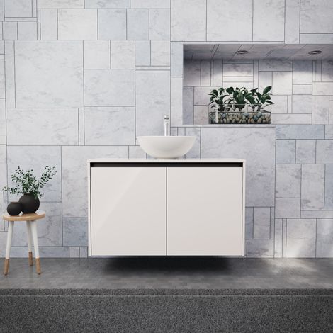 Inda - Badezimmerschrank B.100 mit Aufsatzwaschbecken / Hochglanzweiß 2 Türen - Saphir