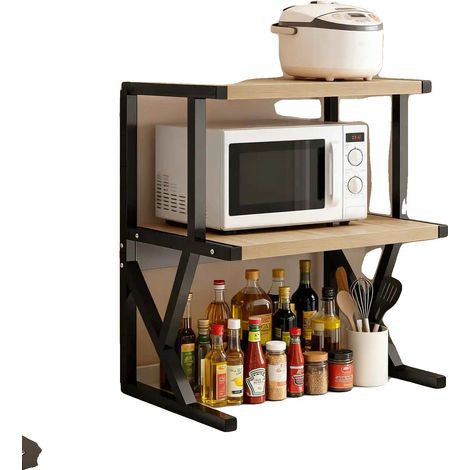 Supporto per microonde, struttura in metallo, ripiani in legno, struttura a 3 livelli, dimensioni 24x24x12 pollici, supporta 50 libbre per ripiano (1/5)