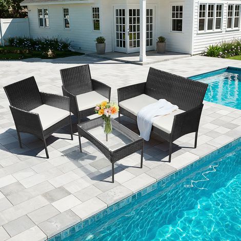 Wolketon Gartenmöbel Set 4-teilig Polyrattan Sitzgruppe mit 2 Sesseln, 2-Sitzer Sofa und Glastisch, Schwarz (1/5)
