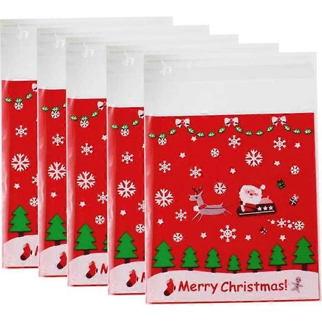 200 Stück/Packung Weihnachtstüten, selbstklebende Aufbewahrungstüten für Kekse und Süßigkeiten, für Partys, Zuhause und Laden (Rot, Elch-Motiv, 10 x 10 cm)-200pcs-Red (1/3)
