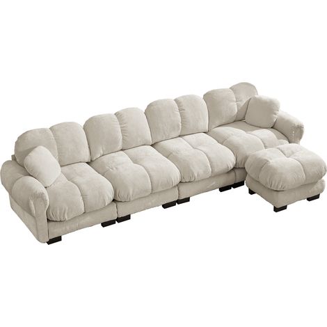 Sofá esquinero en L de 4 plazas de chenilla con chaise longue móvil, color caqui claro, HOMVRA (1/5)