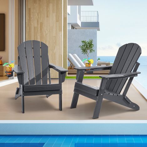 Chaise Adirondack en Plastique, Lot de 2, Fauteuil de Jardin Pliant Portable, Charge 181,4 kg, avec Porte-Gobelet, Accoudoir Relaxant, pour Toutes Saisons, Extérieur, Patio, Arrière-Cour, Gris (1/5)