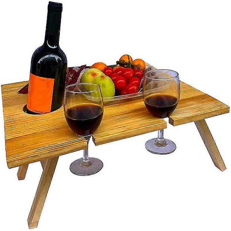 Table à vin pliante d'extérieur, plateau de pique-nique en bois, porte-verres à champagne et à bière, porte-bouteilles, porte-fromage et porte-collations (1/5)