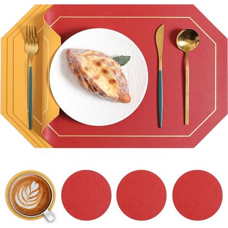 Set aus 4 hitzebeständigen Tischsets aus PVC-Leder, waschbar und wasserdicht - doppelseitig - Lederaußenseite, inklusive 4 Untersetzern - rutschfest - 43 x 30 cm (rot + gelb)