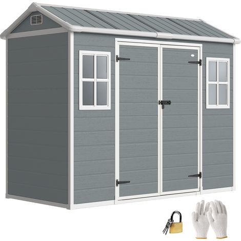Outsunny 8 x 4 ft Plastic Garden Shed with Floor, Lockable Doors, Light Grey (1/5)