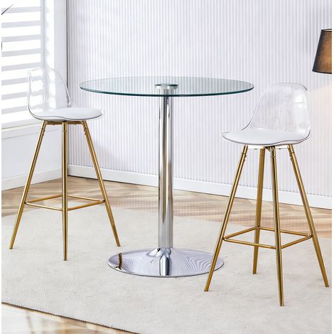 Set bar con tavolo rotondo in vetro 89 cm e 2 sgabelli da bar con gambe dorate (1/5)