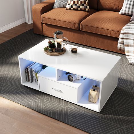 SONNI Couchtische Kaffeetisch mit 2 Schubladen und offenen Ablagefächern LED Wohnzimmertisch 100x55x40cm (1/5)