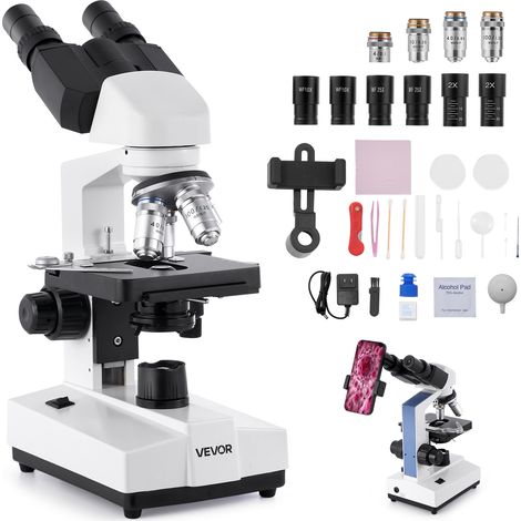 VEVOR Microscope Binoculaire Professionnel, Kit de Microscope Compose avec Grossissement 40-5000X, Double Platine et Deux Jeux deOculaires, Eclairage LED et Support de Telephone Inclus, pour Labo