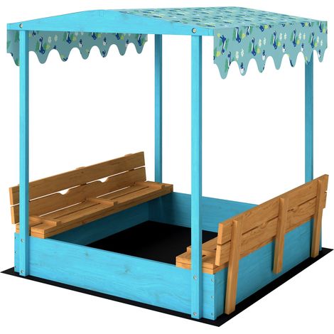 Bac à sable enfant extérieur 134.5 x 127.5 x 130 cm bancs repliables ombrage style scandinave en bois de sapin bleu (1/5)