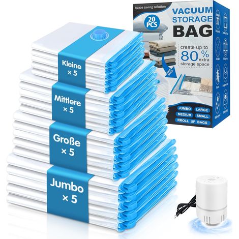 Sac Sous Vide Vetement Aspirateur 20 Pièces (5XL100X70cm 5L80x60cm 5M70x50cm 5S60x40cm) avec Pompe Électrique - Sac Sous Vide pour Vêtements, Couettes, 80% d'Espace Gagné - Réutilisable (1/5)