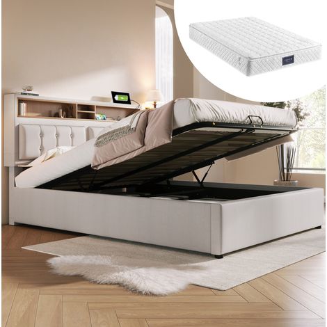 Bett Doppelbett Stauraum 140x200 Leinen Beige OKMYHOME (1/5)