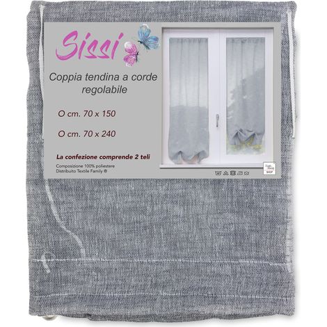 COPPIA tendina SISSI a VETRO MODERNA larga cm 70 Regolabile a Cordine GRIGIO COPPIA (2 TELI) CM. 70X240