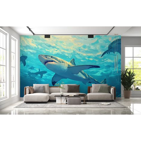 Papier peint animaux requins bleus au coeur de locean - 150 x 250 cm (1/2)