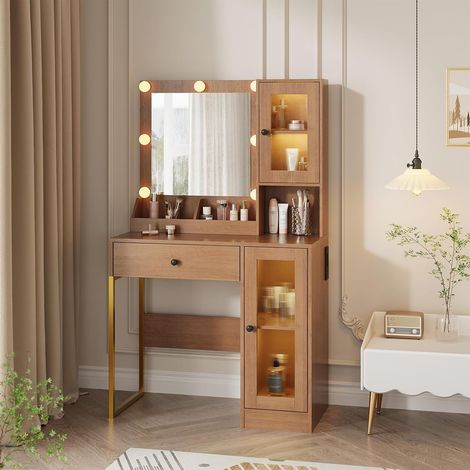 Coiffeuse Blanche Moderne avec Miroir LED 3 Modes, Rangement Tiroirs et Port USB pour Chambre, Marron (1/5)
