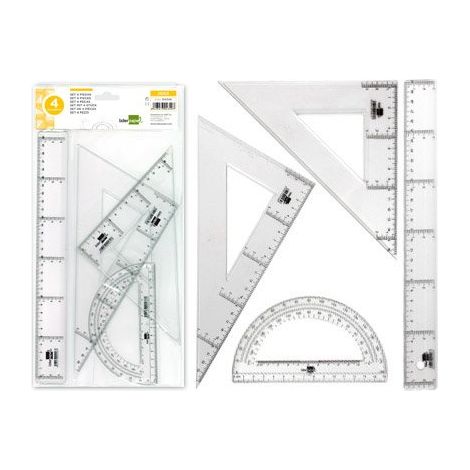Jeu d'équerres et de carrés de 25 cm, de règles de 30 cm et de demi-cercles de 15 cm liderpaper dans une pochette incolore.