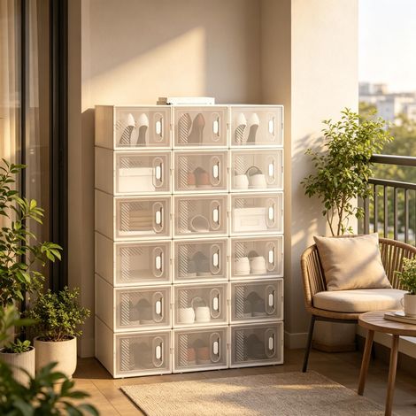 Lot de 18 caisses de rangement empilables modulables, adaptées pour ranger chaussures, livres, jouets et accessoires salle de bain, vendu par lot de 18 pièces (1/4)