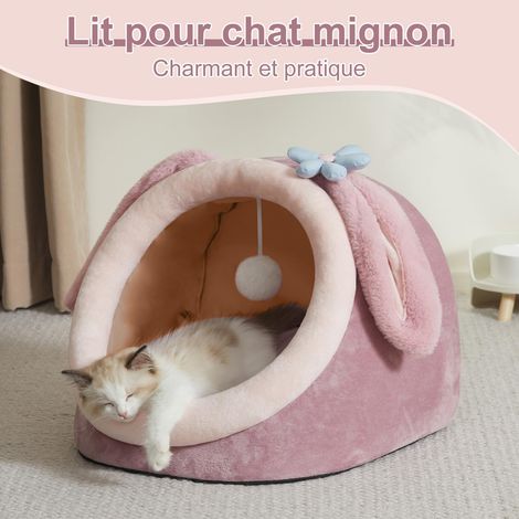 Niche douillette et confortable pour chat avec coussin réversible et jouet suspendu (1/5)