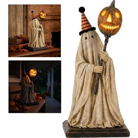 Figurine fantôme vintage lumineuse en résine avec bâton citrouille lumineux figurine fantôme effrayante mignonne (1/5)