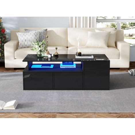 Table basse LED 100 x 50 x 35 cm, table de salon avec 2 tiroirs, capacité de charge totale 60 kg, noire, grand espace de rangement (1/5)