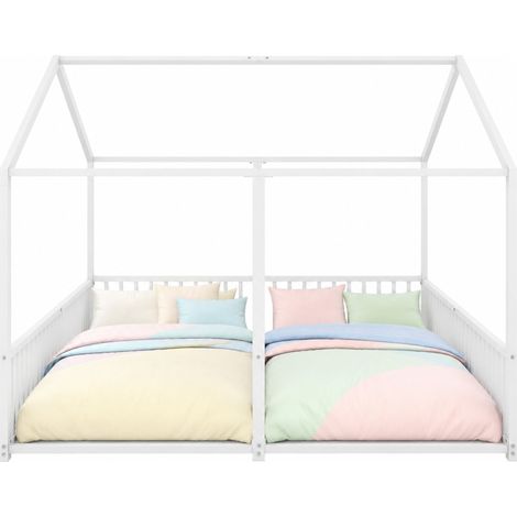 Cama infantil tipo casa de metal 90x200 cm, con barandillas y escalera, diseño doble para dos niños, estructura estable, sin colchón, color blanco  CHICFURN (1/5)