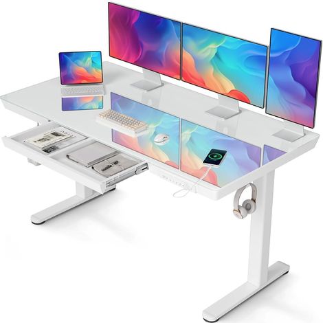 Elektrischer Schreibtisch mit Glasplatte 140x60 cm, höhenverstellbar, weiß (1/5)