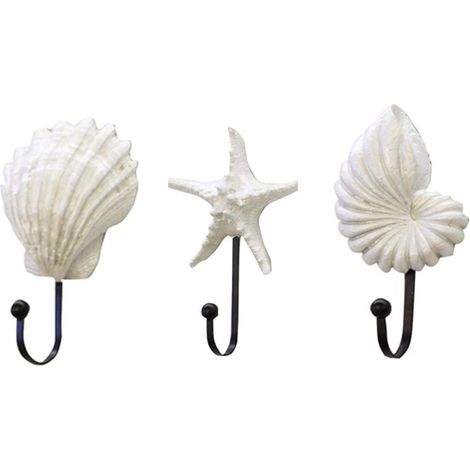 Crochets muraux décoratifs en résine, motif coquillage, pour chambres et armoires (blanc), lot de 3.